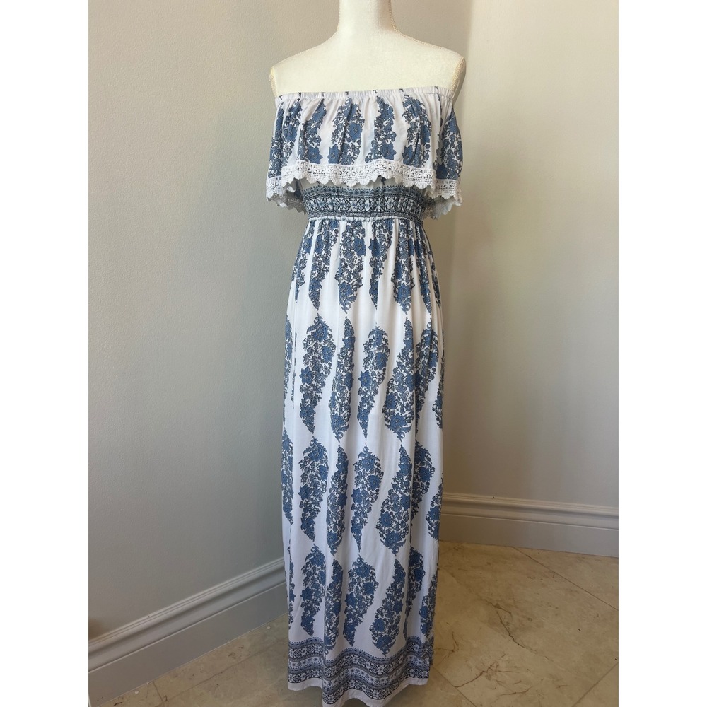 Haute Monde off shoulder blue print maxi dress size small